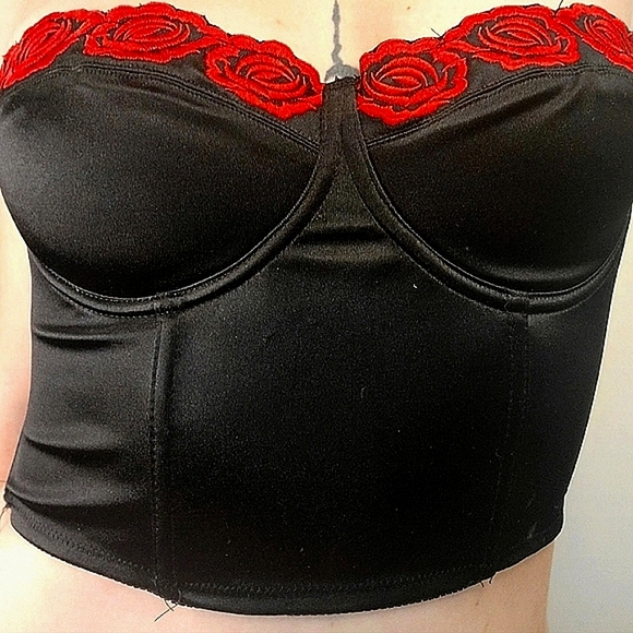Dolls Kill Sugar Thrillz Black Red Roses Bustier Cropped Top Small - Picture 2 of 5